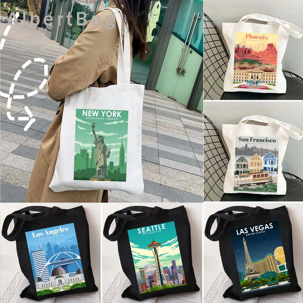 America Cities USA LA SF New York Mexico Chicago Seattle Phoenix Washington DC San Francisco Toronto Canvas Tote Bag Eco Handbag