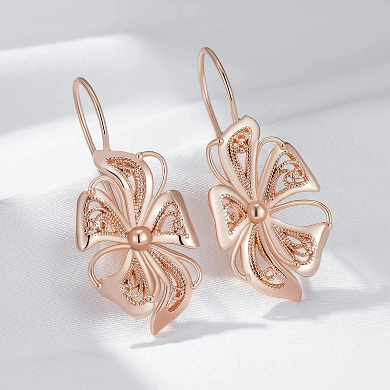 Wbmqda Retro Metal Flower Dangle Earrings For Women 585 Rose Gold Color Classic Simple Hook Lock Jewelry Accessories