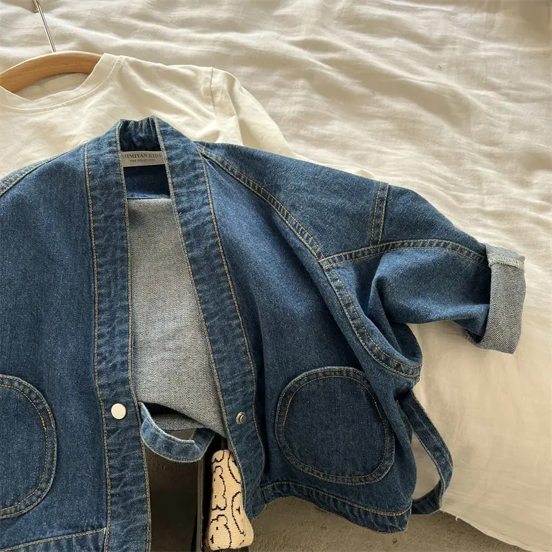 Baby Boy Coat New Small and Medium Children Coat Tie Cotton Denim Jacket Comfortable Casual Oxford Sky Blue Denim Coat Top