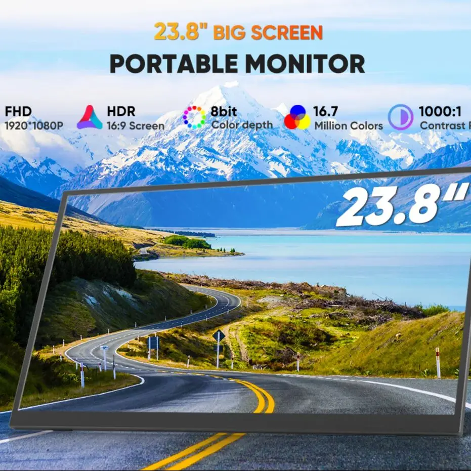 23.8" 120Hz Monitor Portable Gaming Screen Laptop Extender Display 1080P 100%sRGB  With VESA & Stand 180° Adjustable For Laptop