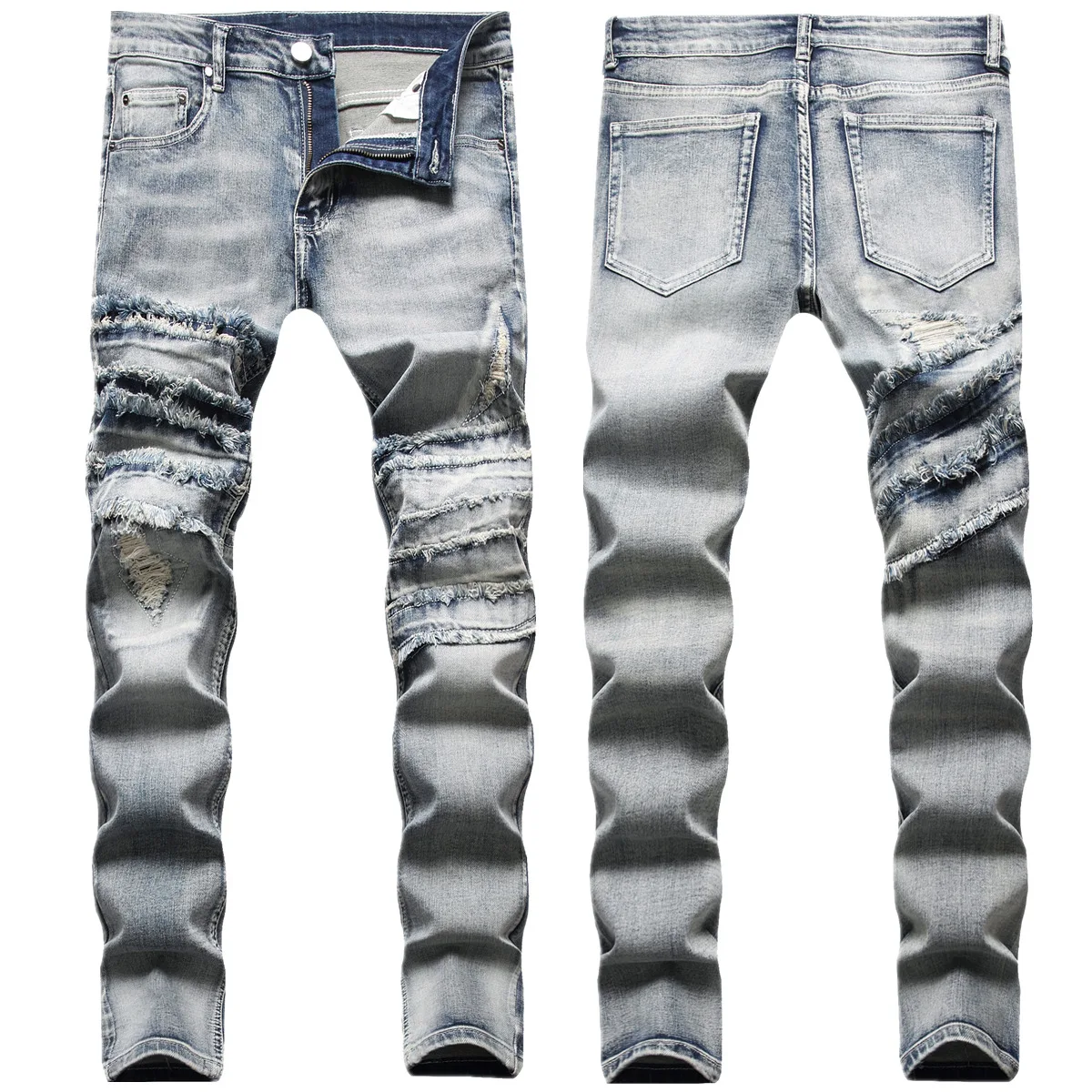 Autumn new European and American wind cut splice folding raw edge full sweep process slim-fit re-wash water jeans