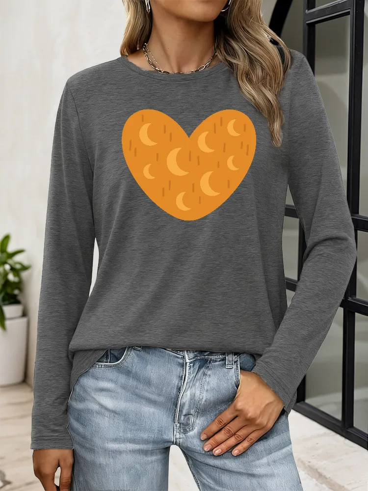 달과 오렌지 하트 여성 캐주얼 프린트 긴팔 티셔츠 크루넥 Y2K 탑 티 통기성 혼방 원단 봄 가을용