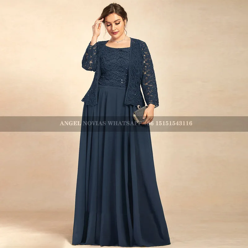 

Long Plus Size Navy Blue Mother of the Bride Dress with Jacket Wedding Party Dress Vestidos De Fiestas robes invitée mariage