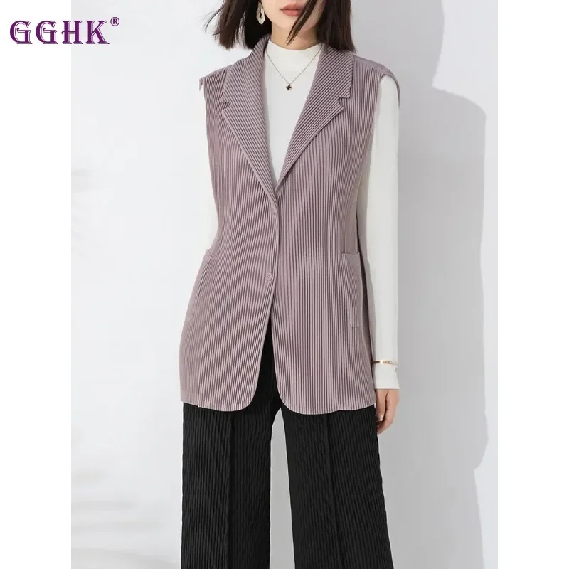 

GGHK Miyake Pleated 2024 Spring and Autumn New Women Casual Vest Jacket Solid Color Lapel Retro Design Folded Coat