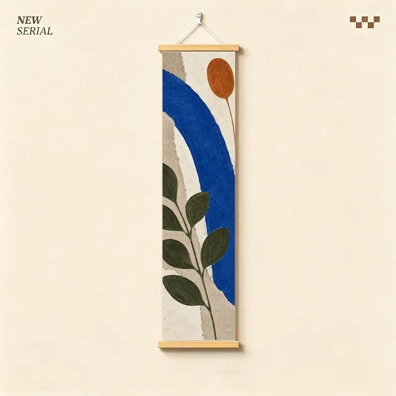Wall Art Blue Arch Green Leaves and Burnt Orange Shapes, Modern Boho Pearlescent Canvas Hanging Scroll for Pop Up Store