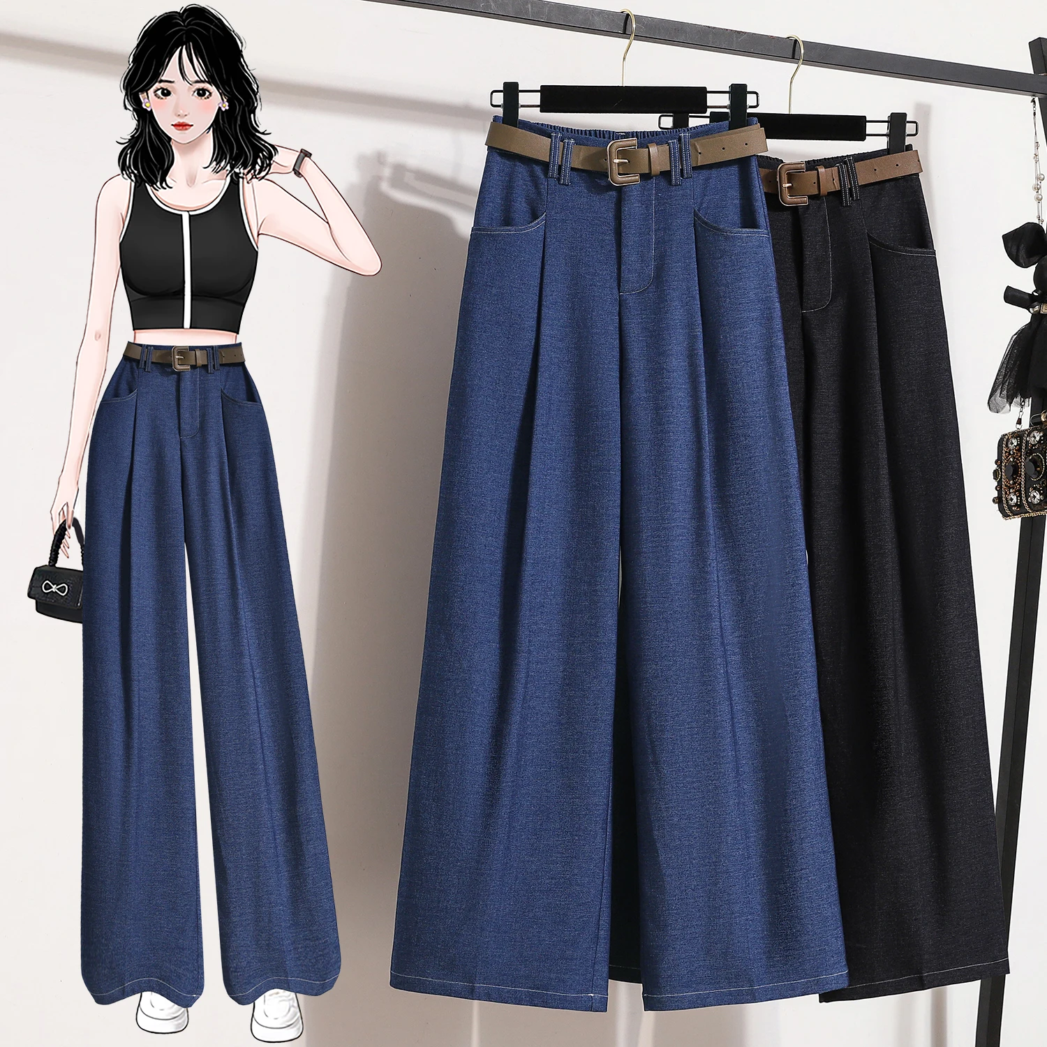 

Wide Leg Jeans Women Spring Summer plus Size Loose Ice Silk Straight Leg Pants Drapey Casual Floor-Length Trendy Trousers