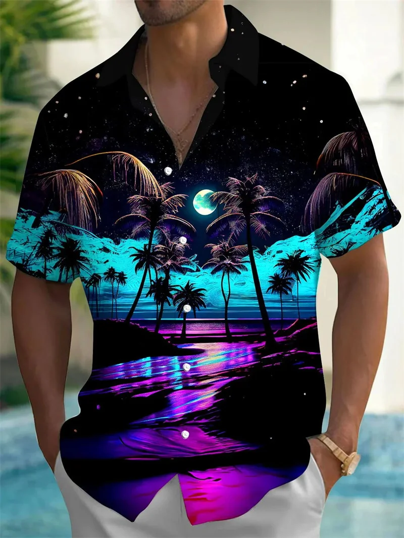 Camisa hawaiana de manga corta para hombre, camisa suave para diario, social, atardecer, bajo el árbol de coco, 2024