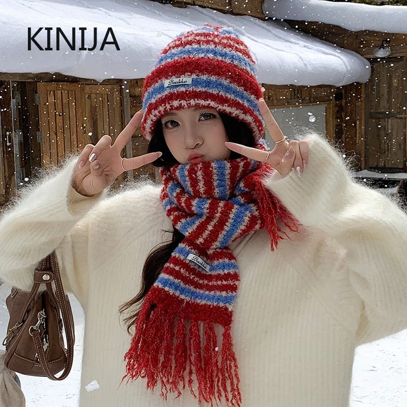 Korean Knitted Scarf Cap Sets with Wool Women Fashionable Stripes Hat Outdoor Windproof Riding Set Winter Thickened Warm Sets