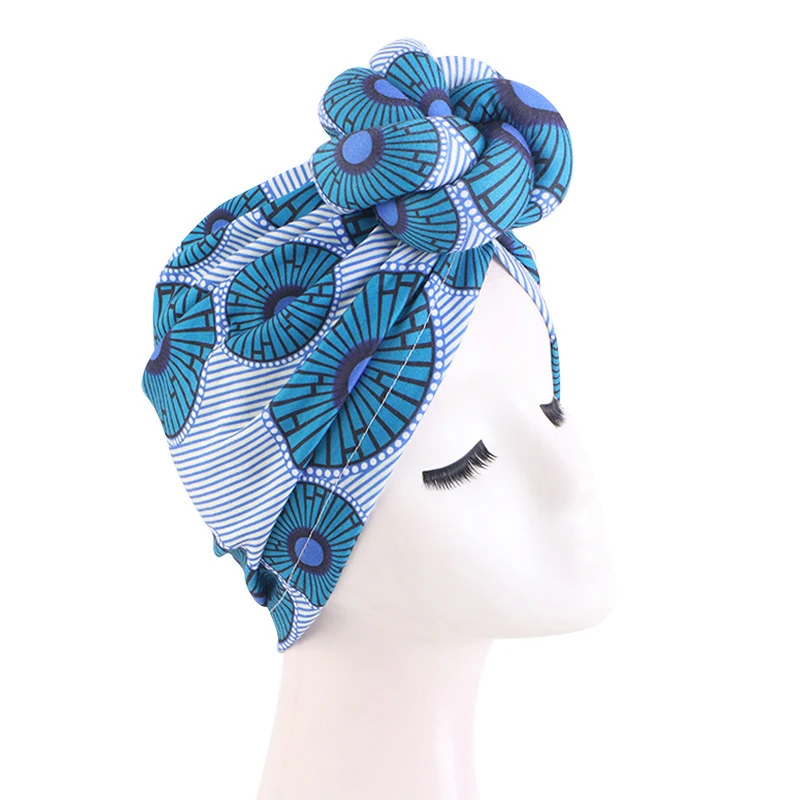 African Pattern Floral Print Knotted Turban Women Chemo Cap Headscarf Beanie Hat Party Wedding Turban Headwear Turbante Mujer