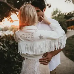 Denim Jacket With Stars White Fringe Pearl & Rhinestone Personalized Bride Jacket Custom Mrs.Jean Wifey Denim Wedding Coats Tops