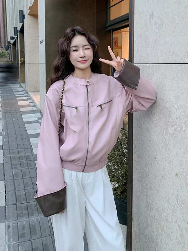 Pink Color Blo Slim Fit ort Leather Jaet Women's Outerwear Spring Autumn 2025 New Faion PU Leather Jaet