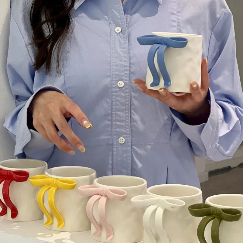 Simple Modern Mugs Cute Creative Bow Mugs Purely Handmade Natural Pattern Ceramic Mug Kitchen Bar Drinking Utensils Accessories