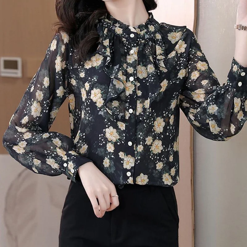 Temperament Floral Thin Blouse Long Sleeve Ruffles Chiffon Loose Printing Shirt Tops Elegant Vintage Women Clothing Summer New