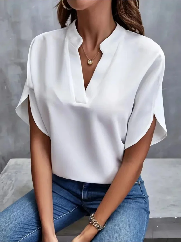 Women Spring Summer Style Blouses Shirts Lady Casual Short Split Sleeve V-Neck Off Shoulder Solid Color Blusas Tops