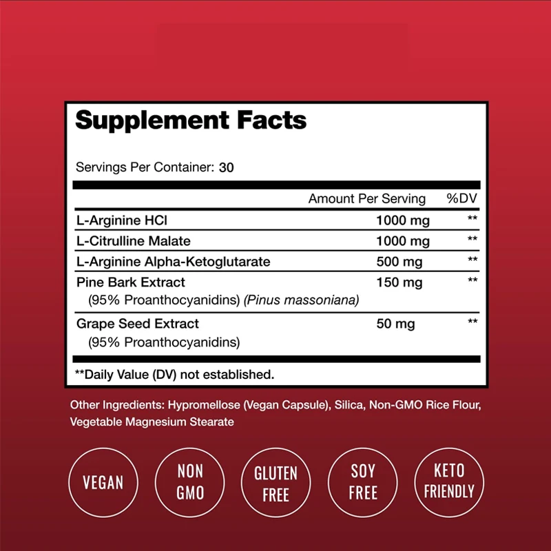 Extrait de pépins de raisin, l-arginine, citrulline malate, AAKG, écorce de pin, super booster d'oxyde nitrique pour la force, l'énergie et le flux sanguin