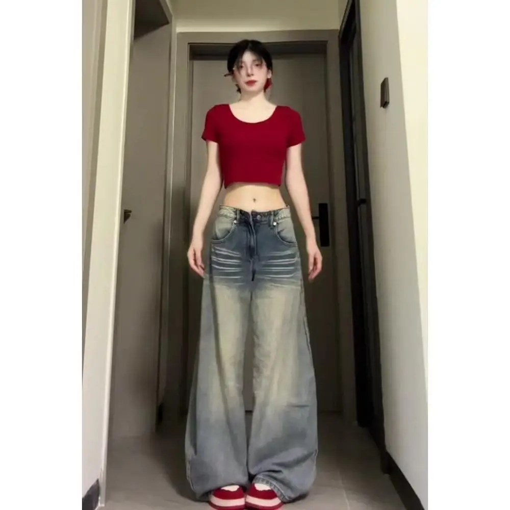 

High Waist Wide Leg Blue Jeans Women's plus Size Extended Vintage Sle Casual Cotton Polyester Blend Non-Stretchy