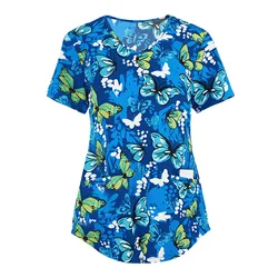 Women Nurse Uniform Butterfly 3d Print V-Neck Pocket Medical Uniforms Cartoon Nursing Scrubs Tops Uniforme Enfermera Uniforms
