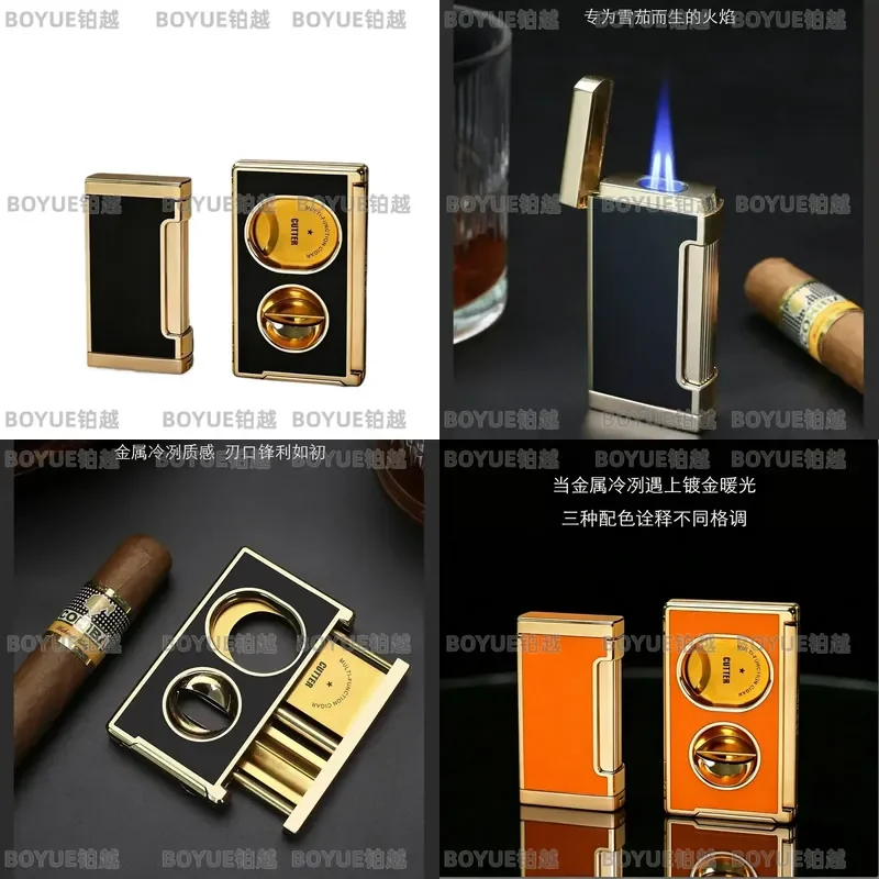 Ultra Thin Windproof Metal Cigar Cutter and Lighter 2 in 1 Set Premium Gift Box for Smoking Accessories Men