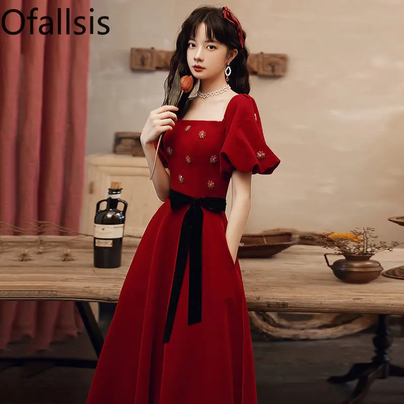 Ofallsis French Style Red High end Toasting Attire 2024 Summer New Vintage Wedding Elegant Banquet Dresses Female Vestidos