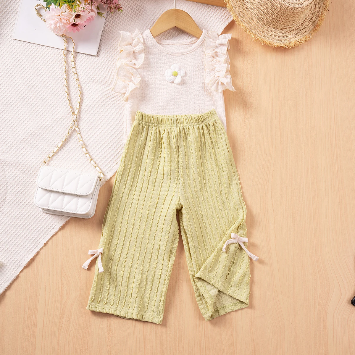 Girls' Summer Set, Cute Floral Sleeveless Top & Bow Wide Leg Pants, Comfortable Casual Wear for Ages 3-8, Daily Fashion