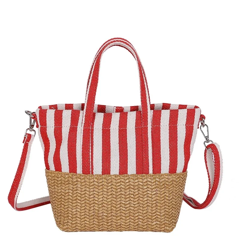 

Korean Fashion Bucket Bag for Women Summer New Eco Handbags Striped Canvas Straw Patchwork Tote Bags with Crossbody Straps