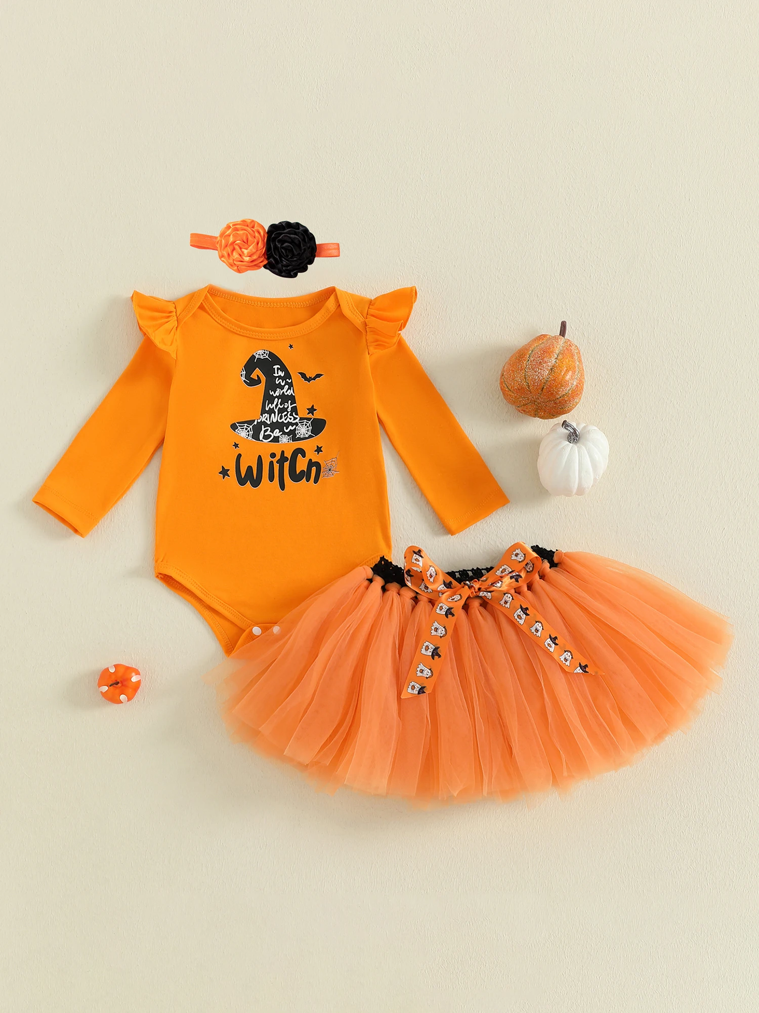 

3Pcs Toddler Girl Halloween Costume Set with Crew Neck Ruffle Long Sleeve Romper Tutu Dress and Headband for Infants