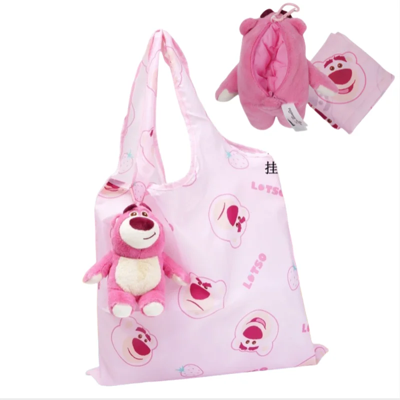 Disney pingente dobrável saco de armazenamento morango urso boneca acessórios bonito pingente de pelúcia conveniente saco de compras para viagens