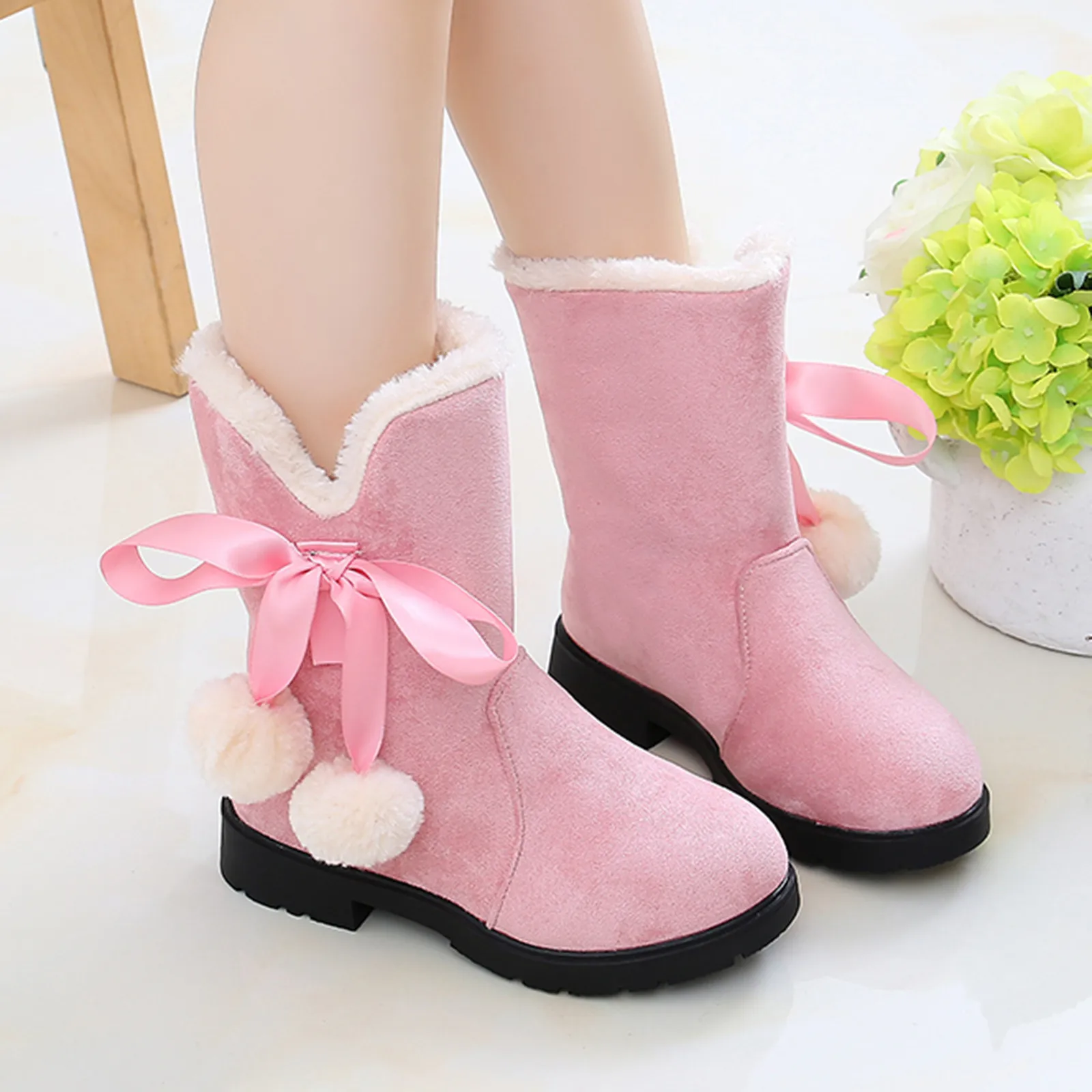 Children Fashion Snow Boots For Kids Girls Plush Plus Velvet Thicken Warm Boots Pink Red Black Fashion Girls Shoes