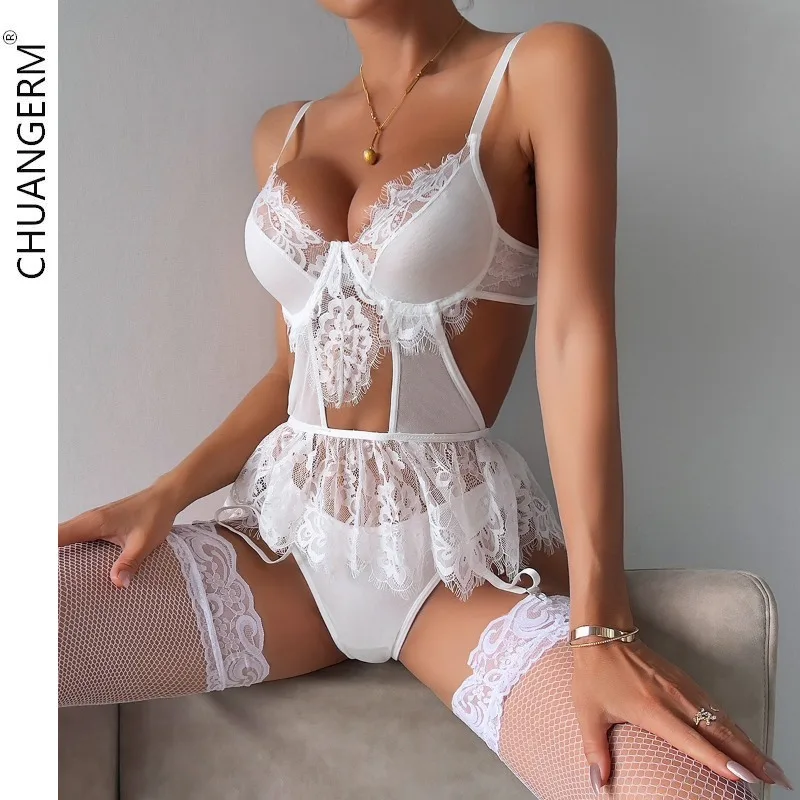 CHUANGERM Lace Romantic Lingeries Cut Out Bilizna Sexy Body G-String Ruffled Stocking Ensemble Lingeries Sexy Honeymoon Outfit