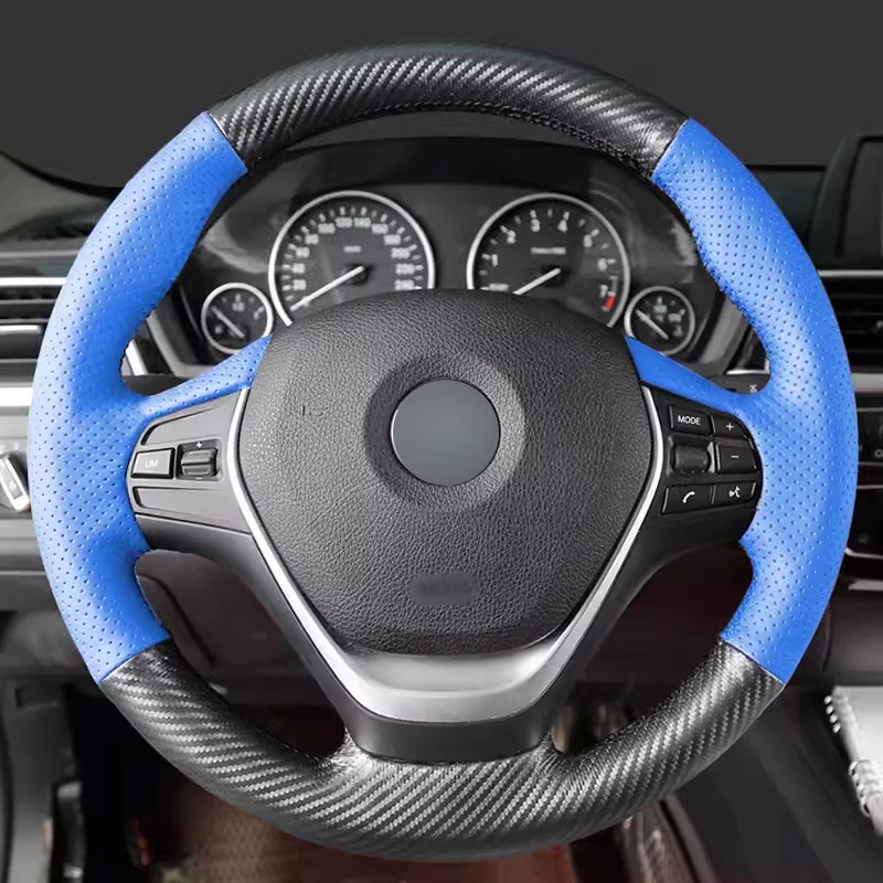 

Matt Carbon Fiber with Blue Perforated Leather Steering Wheel Cover Full Wrap Car Accessoires for BMW 3 Series 320i X1 X5 F20