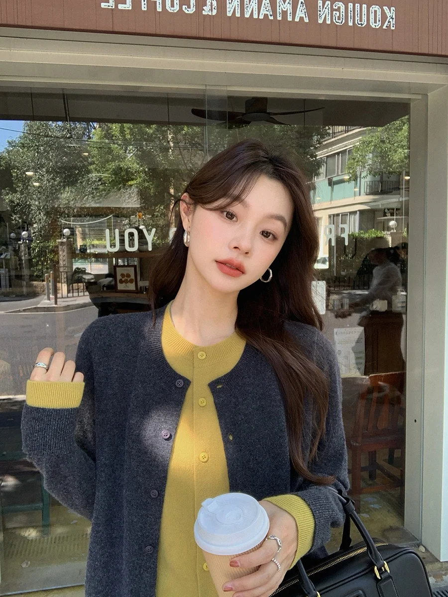 

Zhang Beibei 00% шерстяной вязаный кардиган женский круглый Ne Long Sve многослойный топ цвет Blo Design модная осенняя одежда