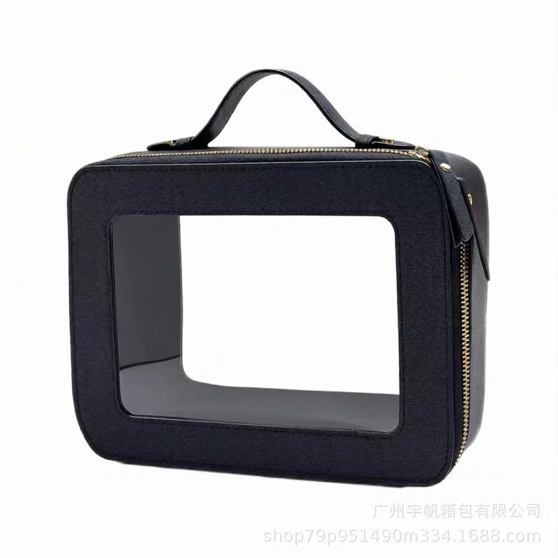 New Handheld Makeup Bag, Large Capacity Crossgrain PVC Cosmetic Bag, Waterproof Stain Resistant Simple Travel Toiletry Organizer