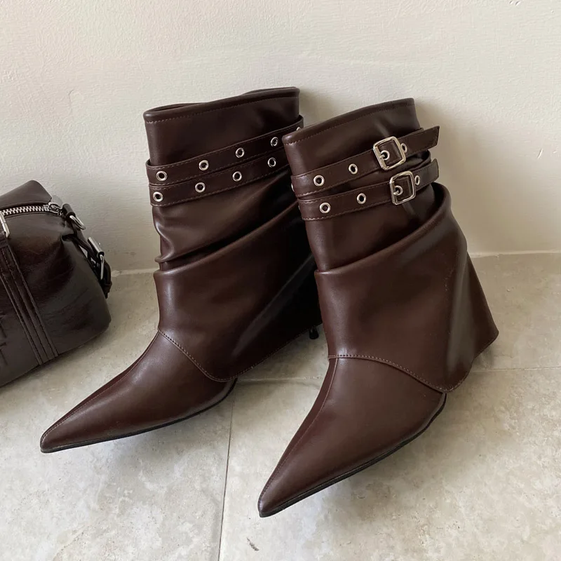 

Aneikeh Punk Fashion Sexy Pointed Toe Woman Ankle Boots Thin High Heels Designer Narrow Band Buckle Strap Stripper Party Shoes