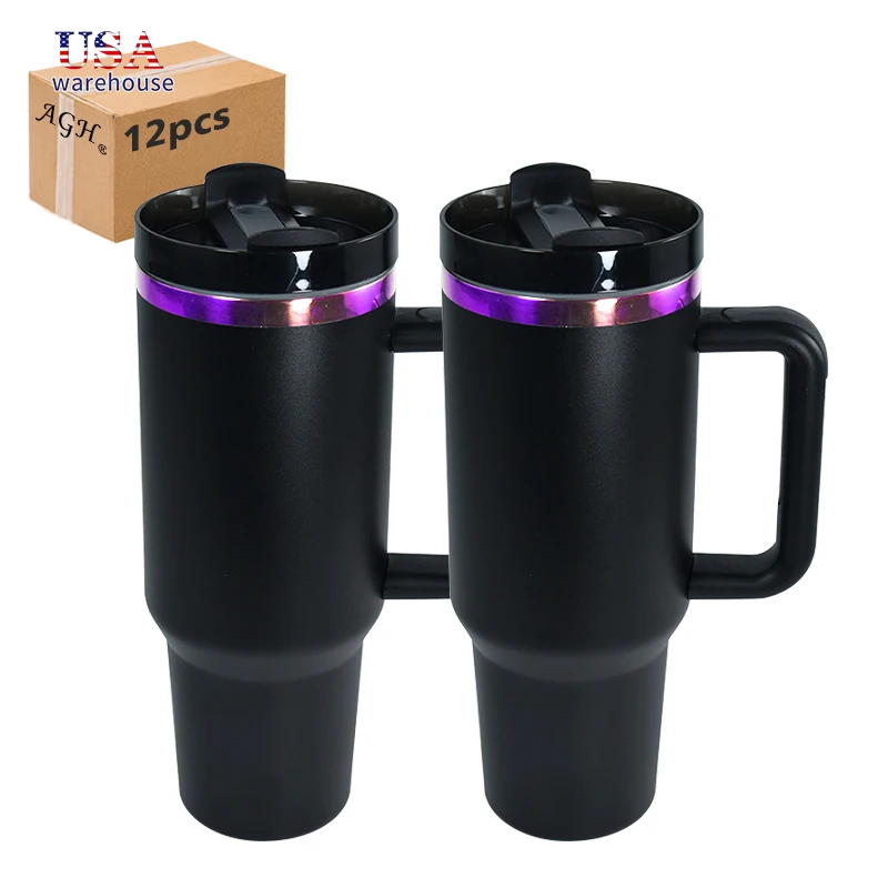 

12pcs Pack 40oz Stainless Steel Insulated Travel Mug Purple Underneath Powder Coated Black Tumbler Cup for Laser Printing Wang
