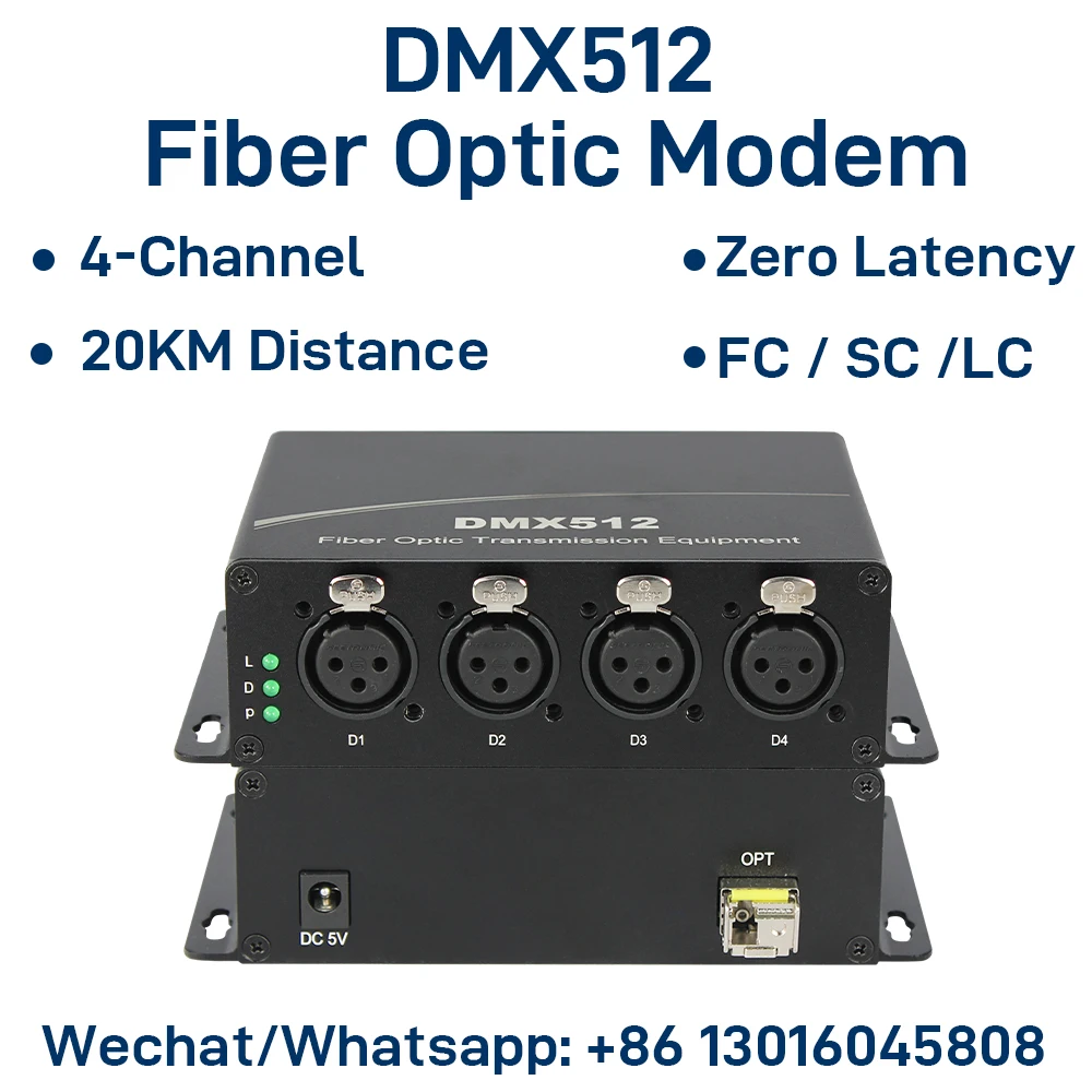 

4-CH DMX512 Fiber Optic Modem XLR 3-Pin Lighting Extender over Single Fiber 20KM FC/SC/LC Interface Zero Delay Anti-Interference