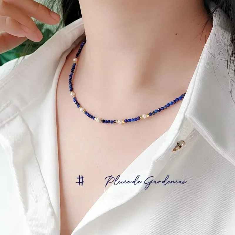 Minar Dainty Navy Blue Lapis Lazuli Natural Stone Freshwater Pearl Beaded Necklace Women\'s 14K Gold Plated Copper Strand Choker