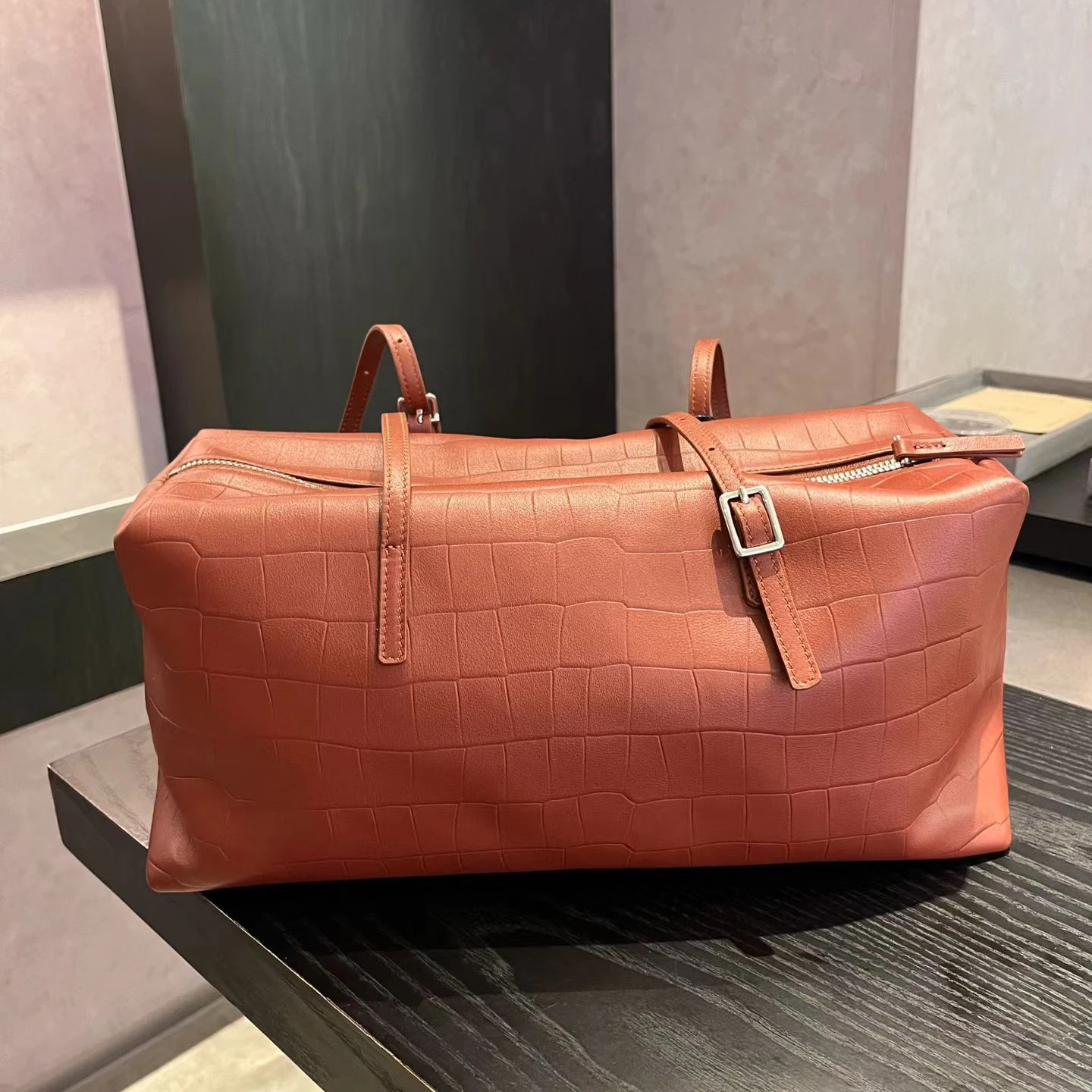 Retro Genuine Leather  Long Handled Tote Bag Shoulder Underarm Bag Woman Fashion Crocodile Grain Top-Grain Leather Handbag