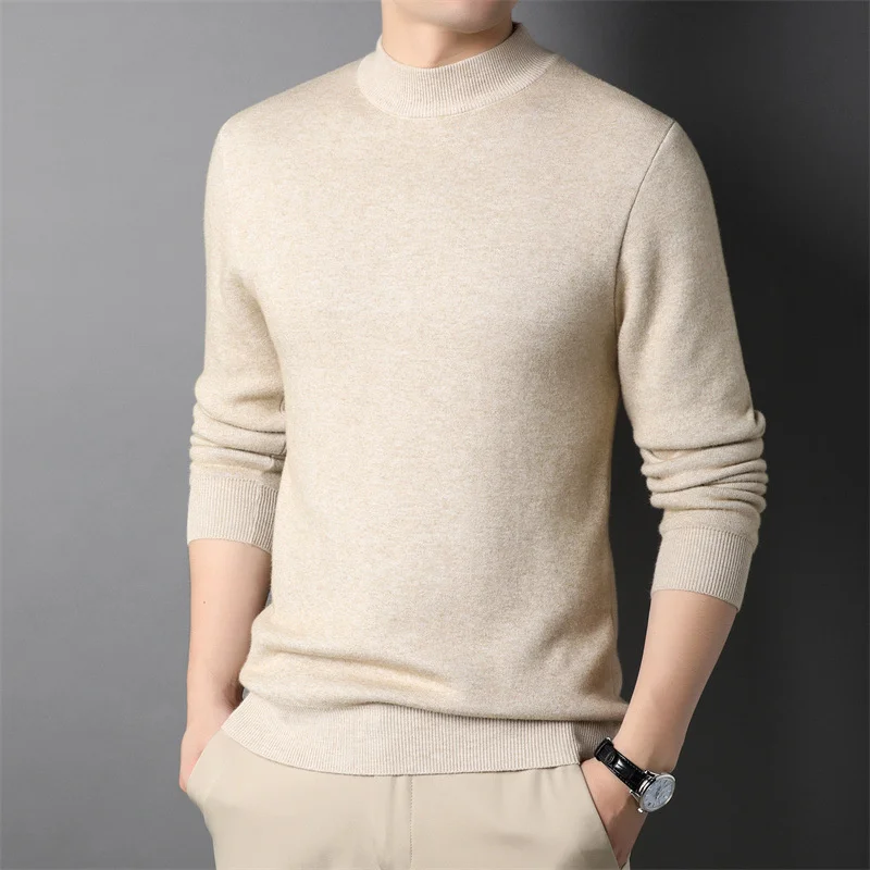 Autumn Winter Men's Cashmere Sweater Solid Color Base Shirt Youth Warm Half Turtleneck Knit Pullover Slim Knitwear Man Sweater