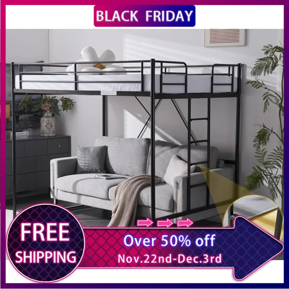 Loft Bed Full Size with Flat Rungs for Adults, Kids and Young Teens, No Box Spring Required,Heavy Duty Metal Slat Support