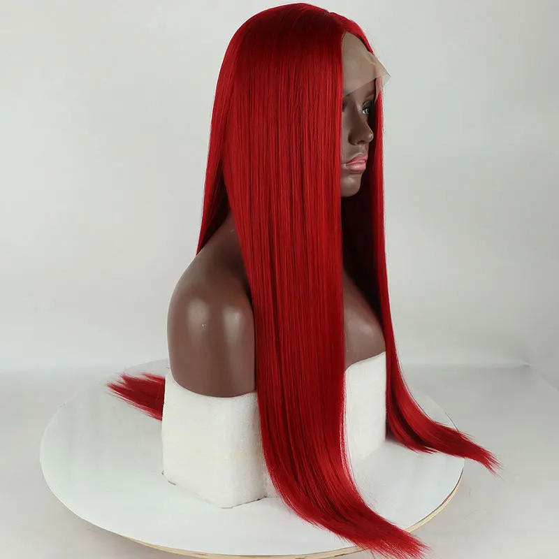 Wig renda depan 13x4 sintetis lurus merah anggur gelap kualitas tinggi rambut serat tahan panas garis rambut alami untuk Cosplay wanita