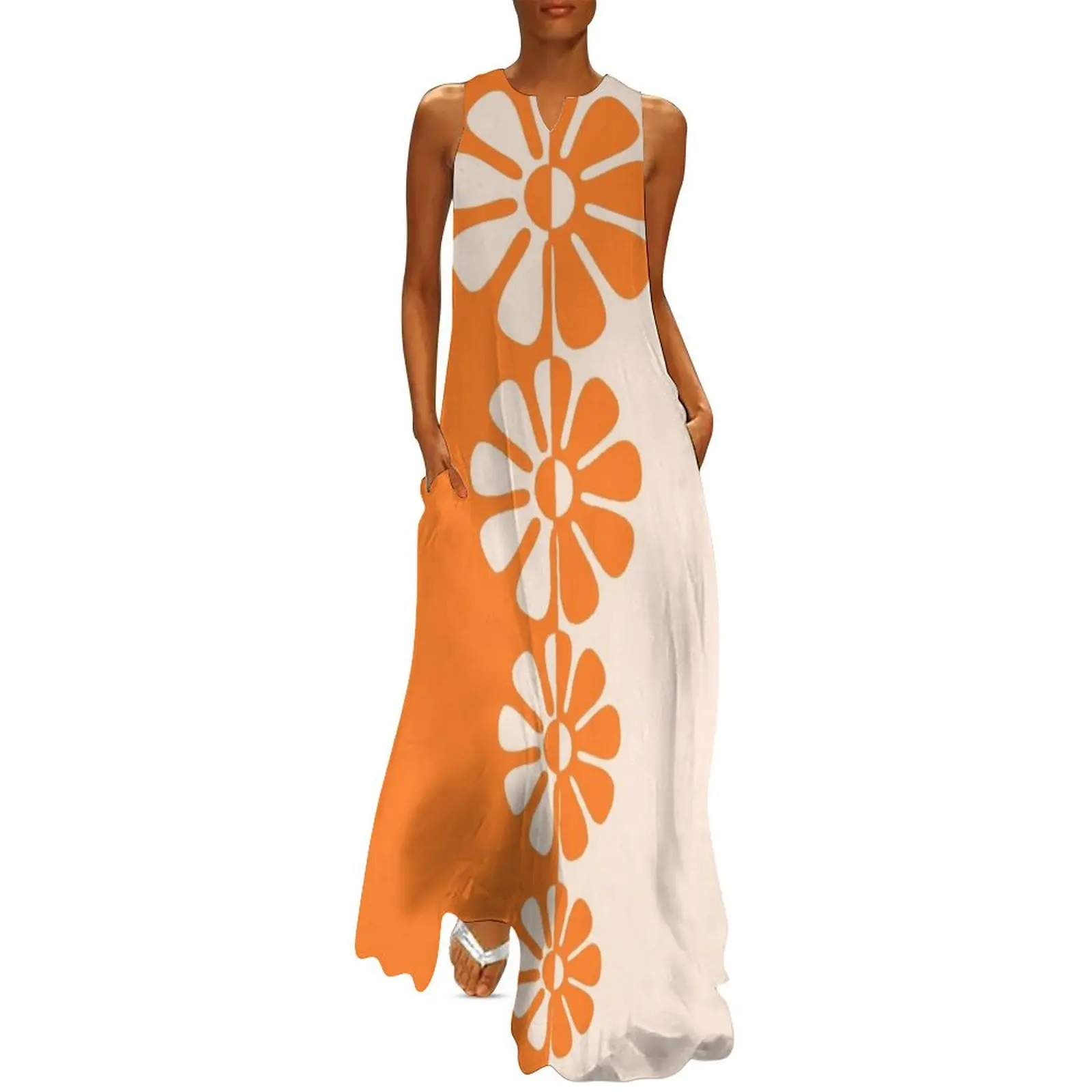 

1960's Bold Retro Mod Flowers in Orange and Cream Long Dress women's elegant loose dresses Womens dresses birthday dress Dress