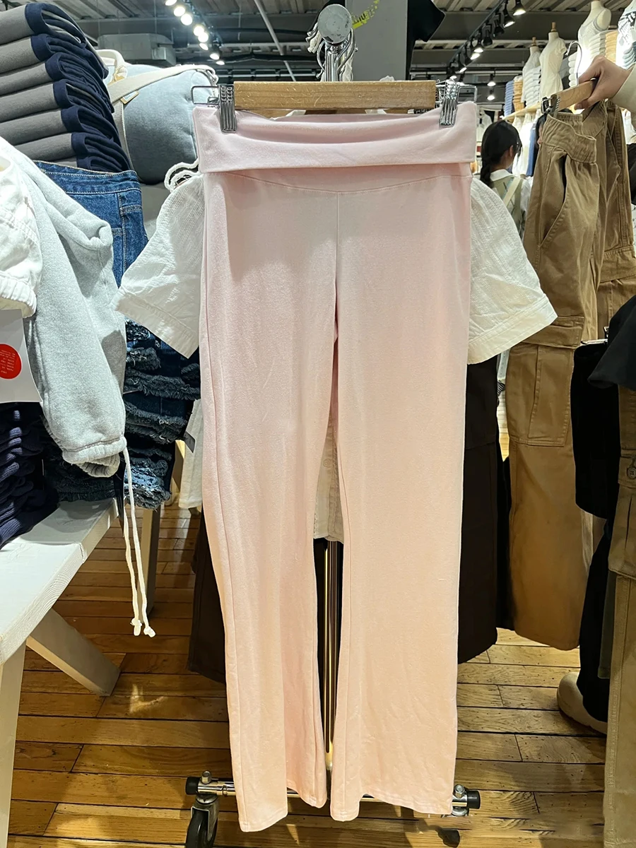 

Розовые узкие брюки для йоги с откидной крышкой, женские летние хлопковые длинные брюки-клеш с эластичной резинкой на талии, простые милые спортивные брюки в консервативном стиле Y2K