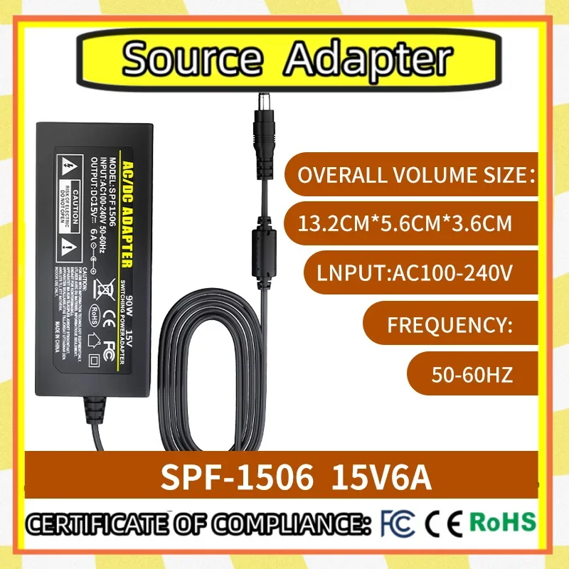 

AC adapter 15V 6A DC interface: 5.5 * 2.1-2.5mm 110V-220V home appliance switch, speaker, piano, surveillance, desktop semi