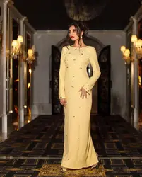 Saudi Arabia Evening Dress New Yellow Prom Dresses Long A Line Party Gown Backless Long Sleeves Formal Occasion Dresses 2024