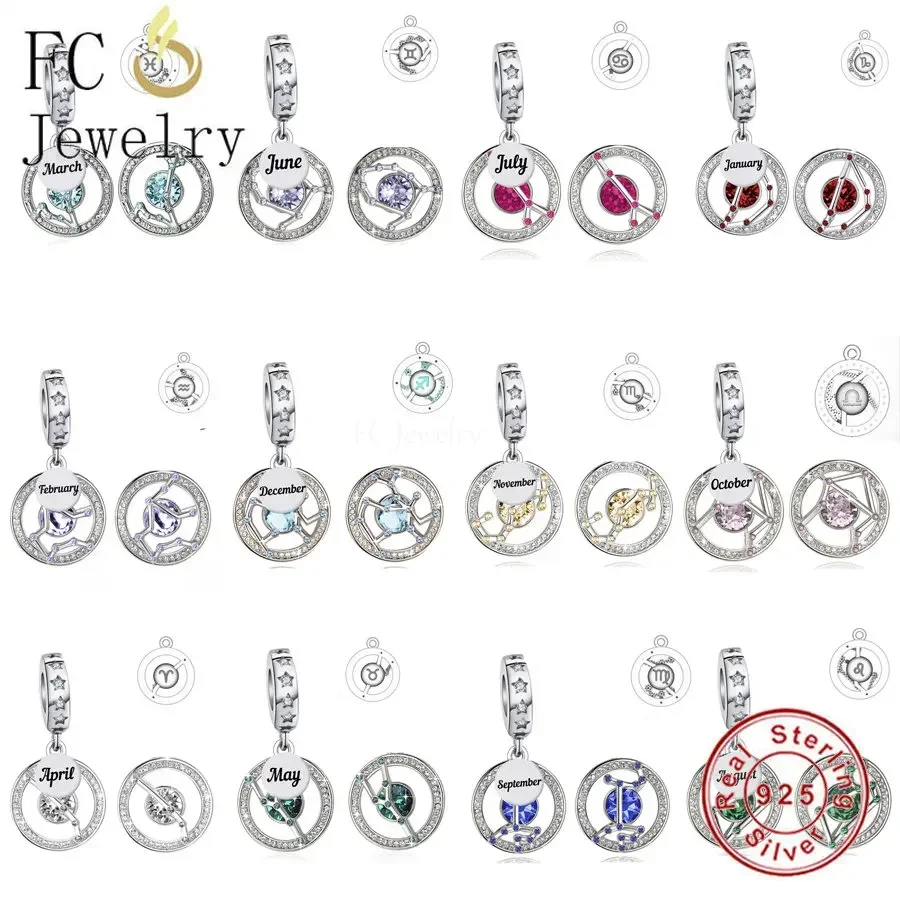 FC Jewelry Fit Original Charm Bracelet 925 Silver 12 Constellation Zodiac Sign Birthstone Astrology Bead For Making Berloque DIY