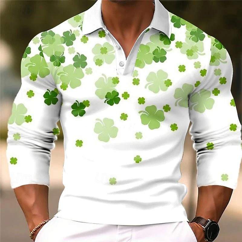 Simple Four Leaf Clover Pattern Polo Shirt Fashion Autumn Long Sleeve St. Patrick's Day 3D Printed T-shirt Loose Streetwear Tops