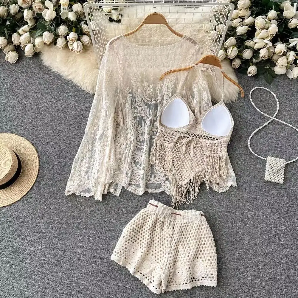 2026 Summer Vacation Suit Halter Hook Flower Short Camis+Embroidery Cardigan+Basics Wide Legs Shorts Vintage Beach Set