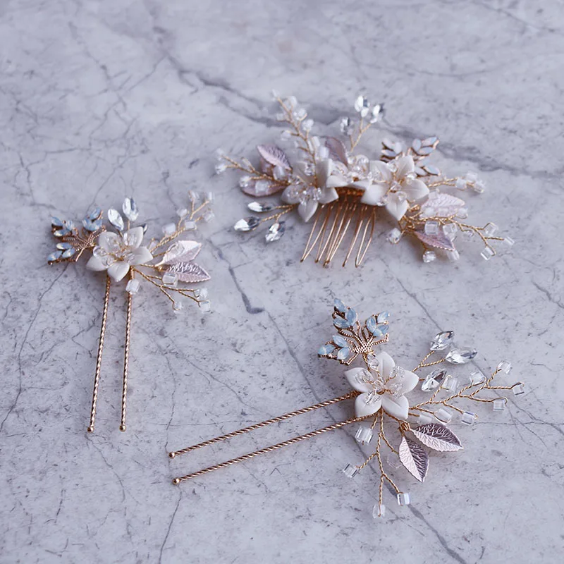 Bridal Hair Pins Comb Set Hand Painted Gold Color Floral Wedding Piece Handmade Crystal Jewelry Women Bobby Pin