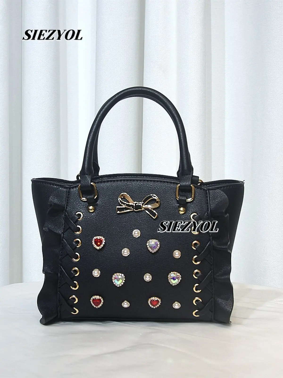 Sweet Girl Rhinestone Lolita Bow Lace Handbag 2026 New Fashionable Versatile Solid Color PU Shoulder Oblique Span Cosmetic Bag