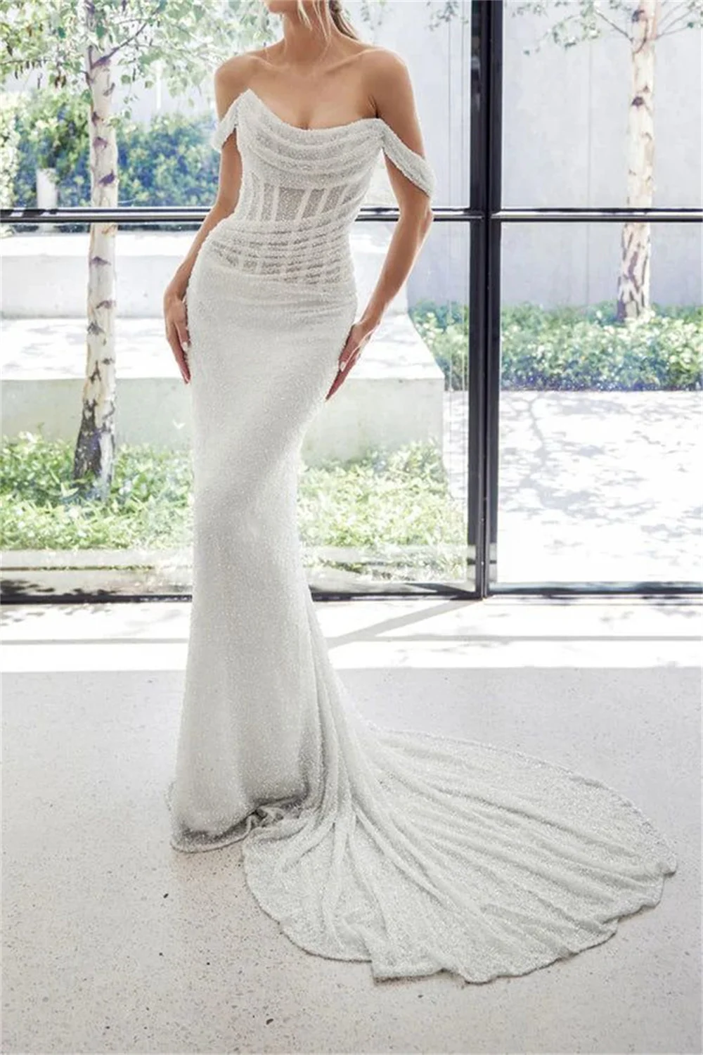 Amanda White Off the Shoulder فساتين سهرة Mermaid Shiny Sequins vestidos de fiesta Elegant Sleeveless Long Train Porm Dresses
